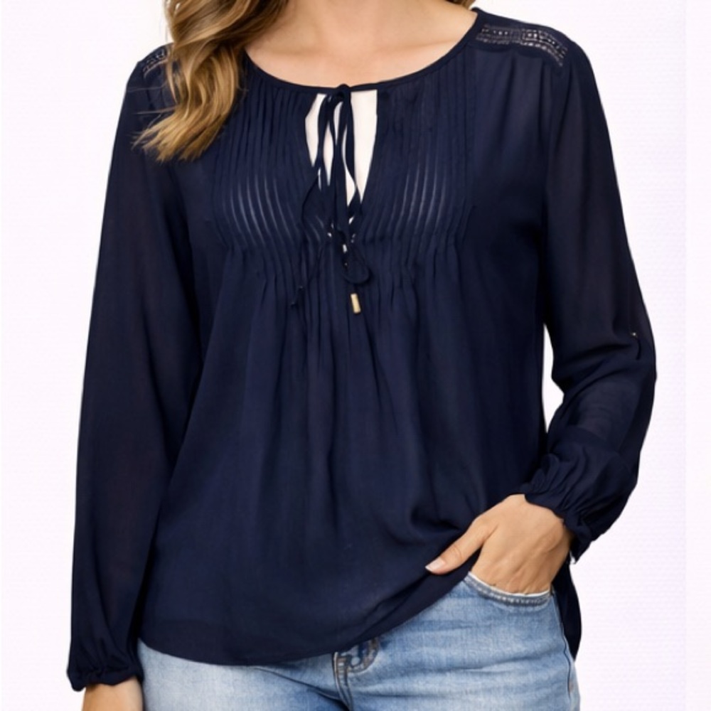 White House Black Market Navy Pintuck Tie-Neck Blouse